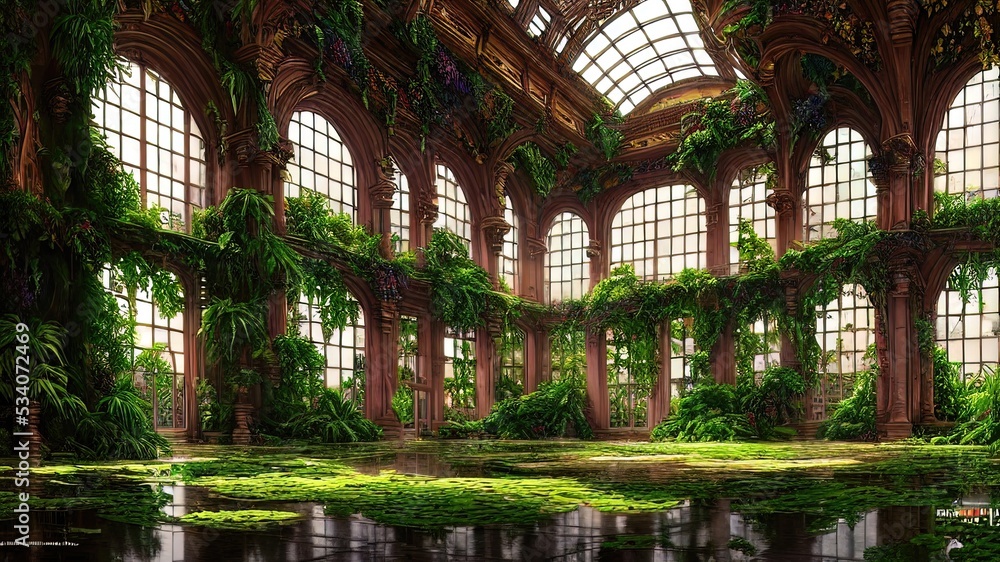 A garden in a majestic architectural building with large stained glass windows and arches. Mystical and mysterious rooms in green plants. Fantasy interior, exterior inside the building. 3D A garden in a majestic architectural building with large stained glass windows and arches. Mystical and mysterious rooms in green plants. Fantasy interior, exterior inside the building. 3D