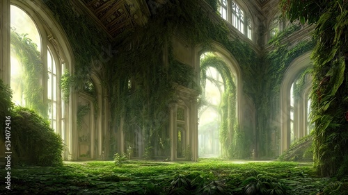 A garden in a majestic architectural building with large stained glass windows and arches. Mystical and mysterious rooms in green plants. Fantasy interior  exterior inside the building. 3D 