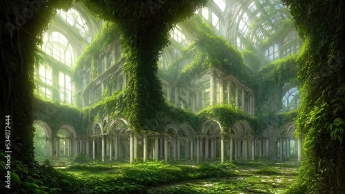 Wallpaper Mural A garden in a majestic architectural building with large stained glass windows and arches. Mystical and mysterious rooms in green plants. Fantasy interior, exterior inside the building. 3D  Torontodigital.ca