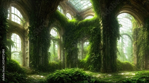 A garden in a majestic architectural building with large stained glass windows and arches. Mystical and mysterious rooms in green plants. Fantasy interior  exterior inside the building. 3D 