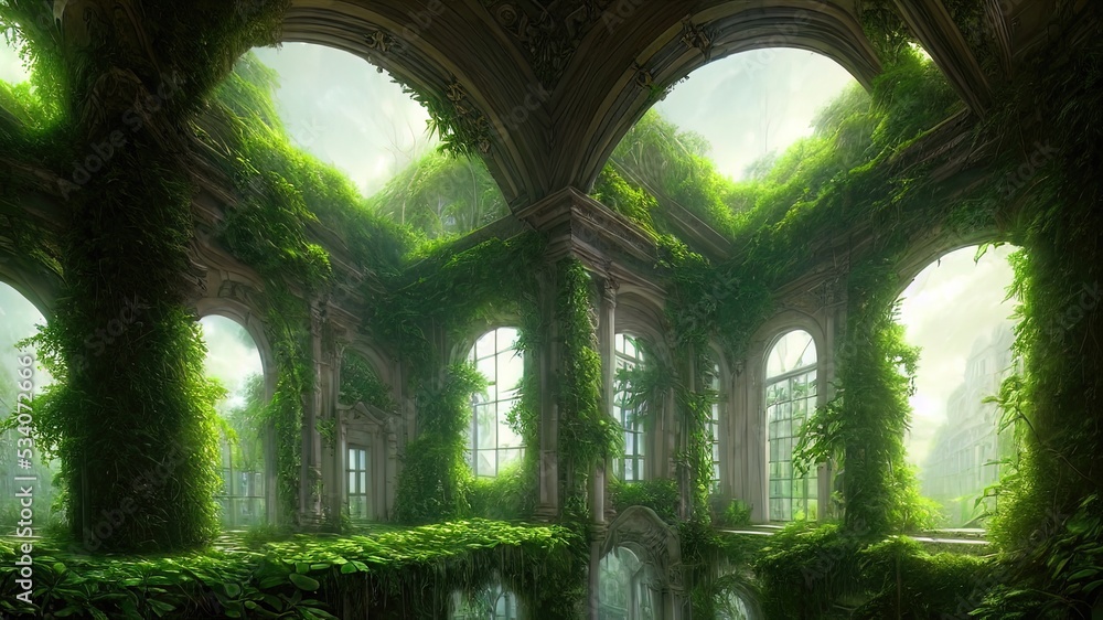 A garden in a majestic architectural building with large stained glass windows and arches. Mystical and mysterious rooms in green plants. Fantasy interior, exterior inside the building. 3D A garden in a majestic architectural building with large stained glass windows and arches. Mystical and mysterious rooms in green plants. Fantasy interior, exterior inside the building. 3D