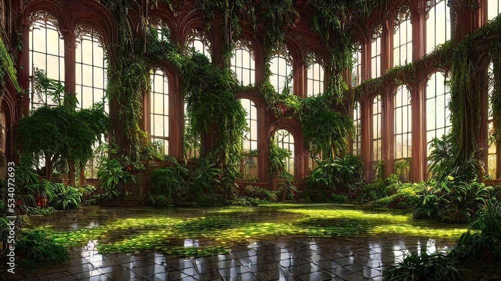 A garden in a majestic architectural building with large stained glass windows and arches. Mystical and mysterious rooms in green plants. Fantasy interior, exterior inside the building. 3D  - obrazy, fototapety, plakaty 