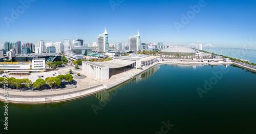 Aerial footage of Park of The Nations in Lisbon (Parque das Nações)