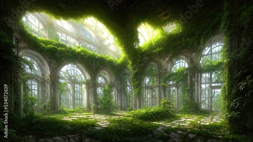 A garden in a majestic architectural building with large stained glass windows and arches. Mystical and mysterious rooms in green plants. Fantasy interior  exterior inside the building. 3D 