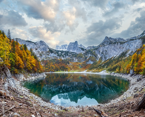 Fototapeta Naklejka Na Ścianę i Meble -  Tree stumps after deforestation near Hinterer Gosausee lake, Upper Austria. Autumn Alps mountain lake with clear transparent water and reflections. Dachstein summit and glacier in far.