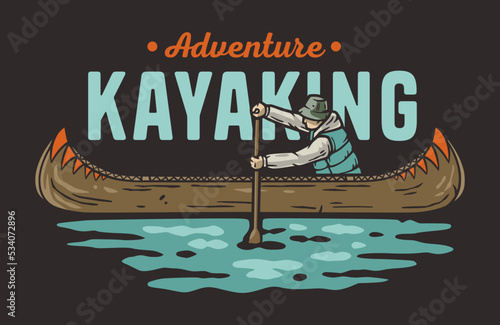 Kayaking sport print. Rafting on kayak on the river among the mountains