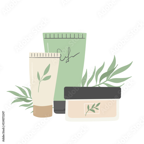 Set of natural cream on white background. Composition with beauty products. Organic cosmetics flat vector illustration. Skin care, online shopping