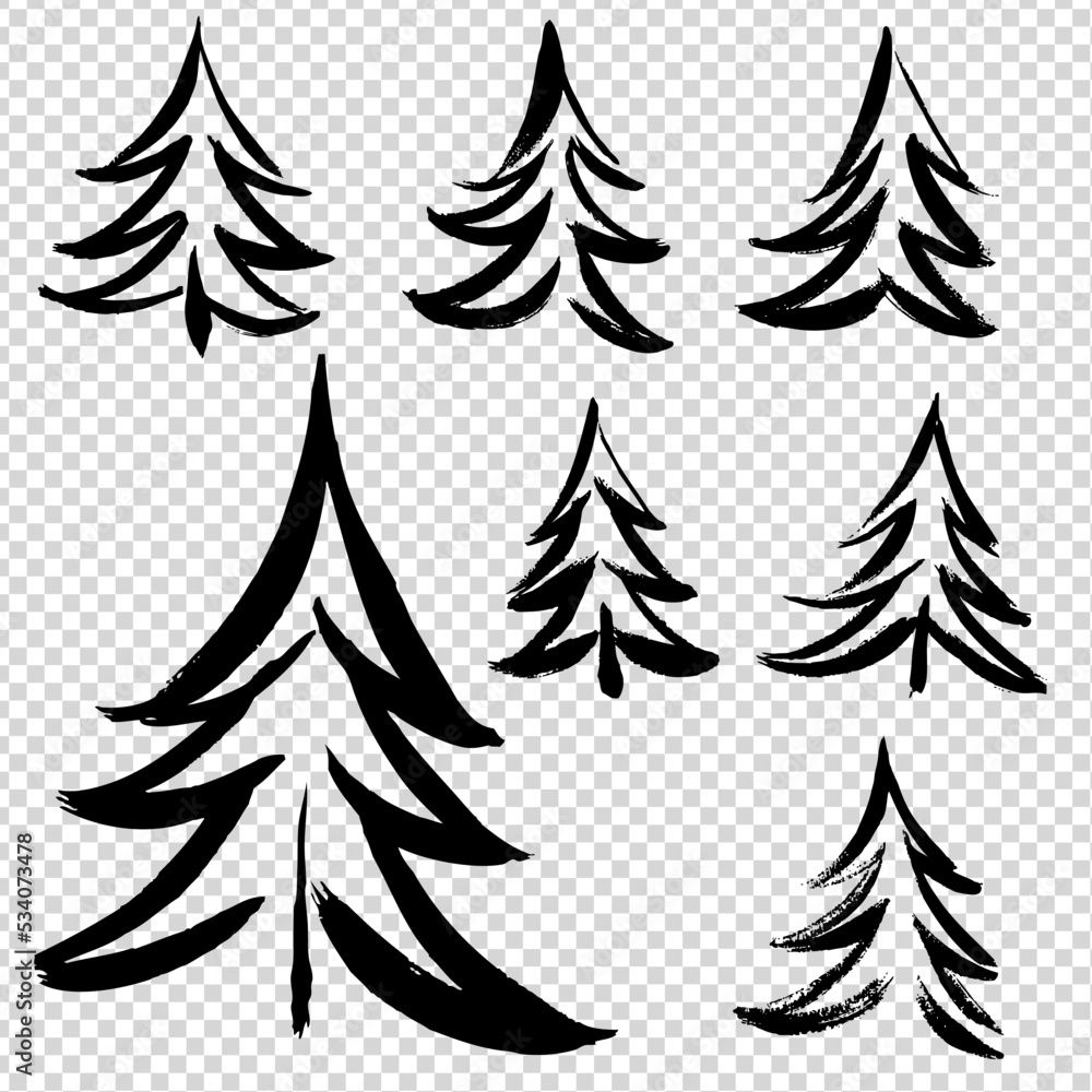Black different textured brush strokes in fir tree set on imitation transparent background