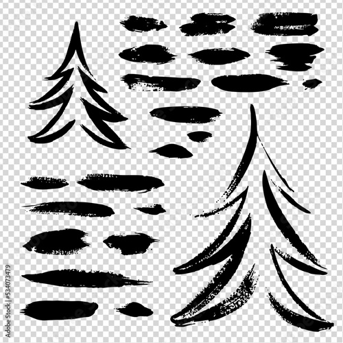 Black different textured brush strokes in fir tree and straight set on imitation transparent background