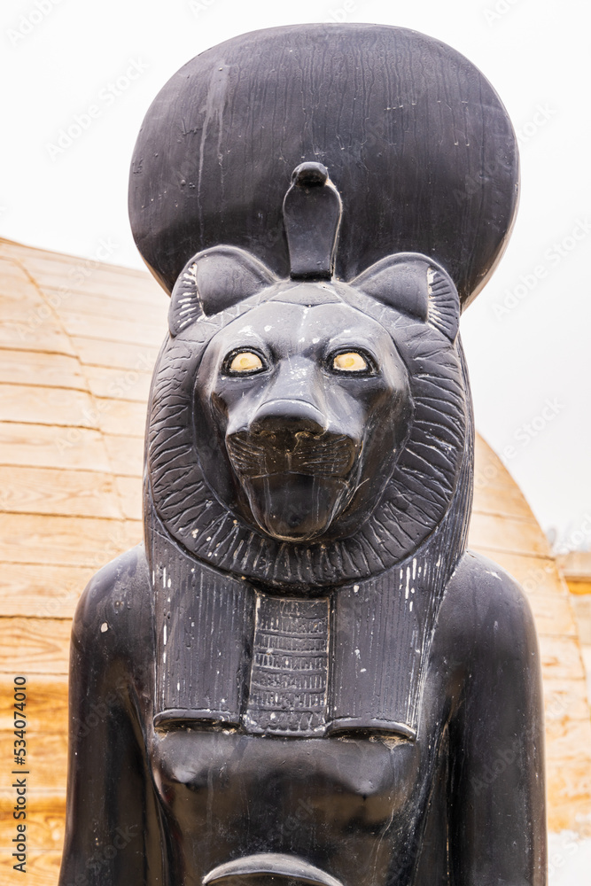 Statue of the Egyptian goddess Sekhmet in Giza, Egypt. Stock Photo