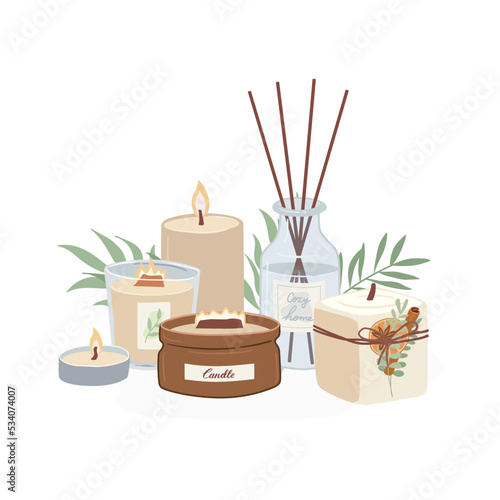 Set of hand drawn cozy scented candles and diffuser isolated on white background. Trendy aromatherapy, aroma sticks cartoon vector illustration.