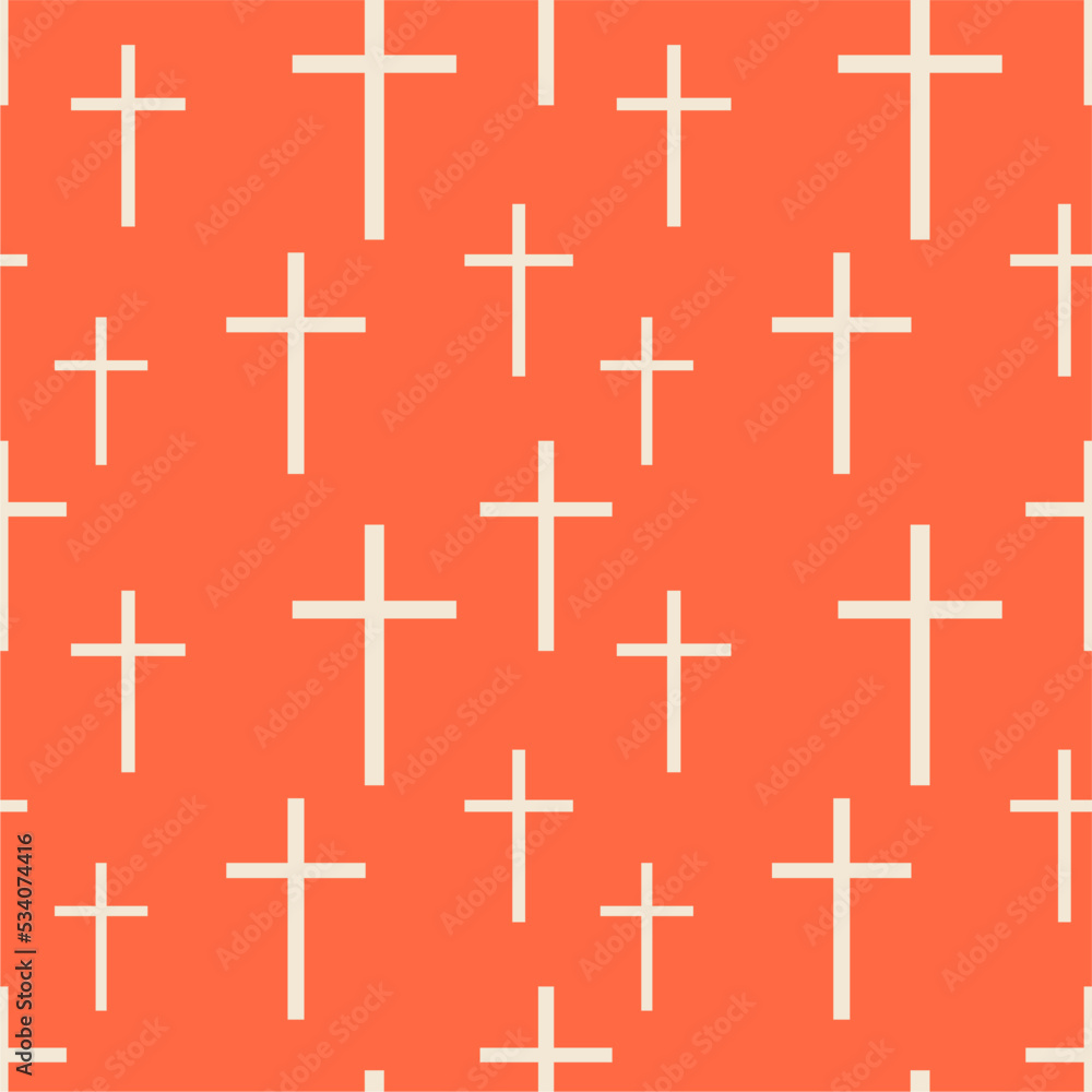 White crosses on an orange background, seamless pattern. Happy Halloween. Print for postcards, wrappers, fabrics and more.