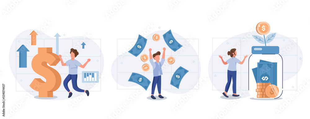 Passive income illustration set. Characters enjoying financial freedom and independence. Successfully and free of debts people planning budget. Vector illustration.