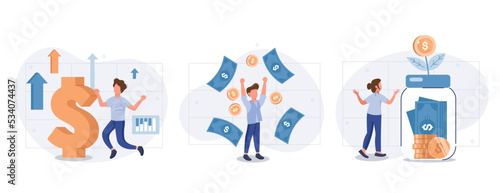 Passive income illustration set. Characters enjoying financial freedom and independence. Successfully and free of debts people planning budget. Vector illustration.