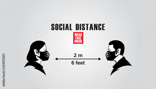 man and woman character wearing surgical or medical face mask maintain social distancing to prevent from virus spreading and flu prevention