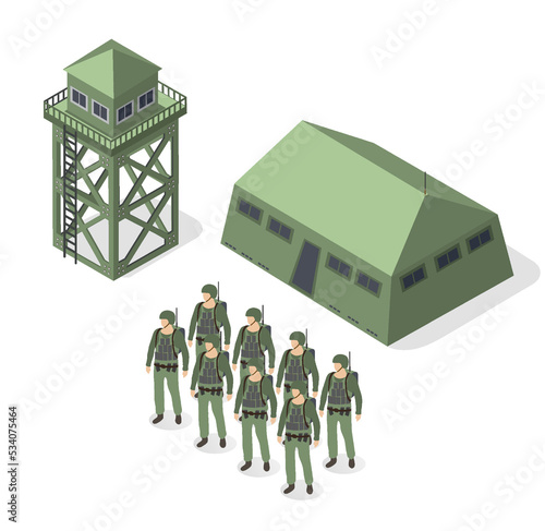 Set of army armed troop soldiers isometric armed military objects
