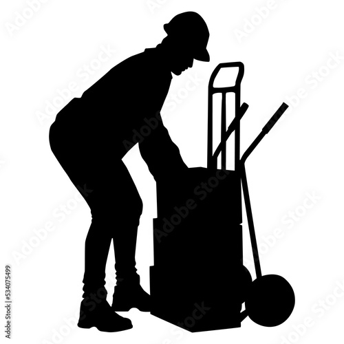Silhouette of workers with helmet. Worker pulling a cargo trolley. Vector flat style illustration isolated on white