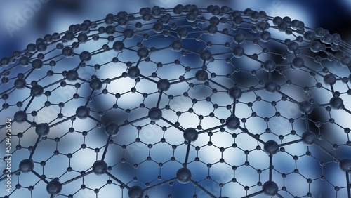 Spheres shredded into fine hexagonal atoms of metallic titanium under dark blue background. Concept 3D CG of strength analysis, blockchain information technology and social human relations.
