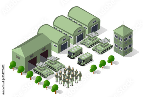 Set of army armed troop isometric armed military transport objects