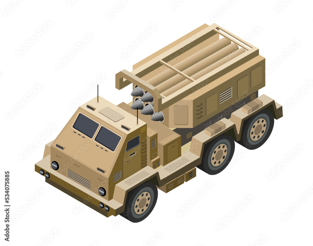 Multiple launch rocket systems army vehicles 3d vector illustration.
