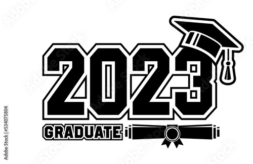 2023 class graduate - mission complete. The concept of decorate congratulation for school graduates. Design for t-shirt, flyer, invitation, greeting card. Illustration, vector