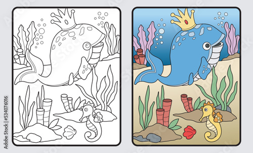 king of whales coloring book or educational pages for kids and elementary school  vector illustration.