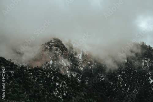 Misty and foggy clouds hang low over rugged mountains and evergreen trees, covered in snow, with stormy skies and eerie spooky colors