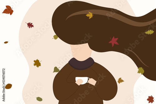 abstract girl with long hair in a sweater, with a cup of tea or coffee in autumn leaves