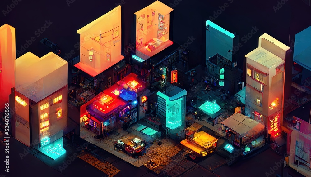 Fototapeta premium Isometric neon night city. City navigation, street map. Dark streets, illuminated signs, advertising, city roads and buildings. 3D illustration