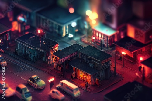 Isometric neon night city. City navigation, street map. Dark streets, illuminated signs, advertising, city roads and buildings. 3D illustration