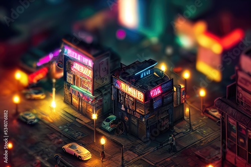 Isometric neon night city. City navigation  street map. Dark streets  illuminated signs  advertising  city roads and buildings. 3D illustration