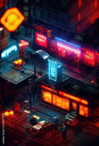 Isometric neon night city. City navigation, street map. Dark streets, illuminated signs, advertising, city roads and buildings. 3D illustration
