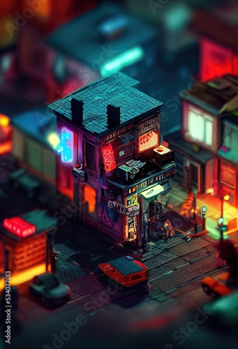 Isometric neon night city. City navigation, street map. Dark streets, illuminated signs, advertising, city roads and buildings. 3D illustration