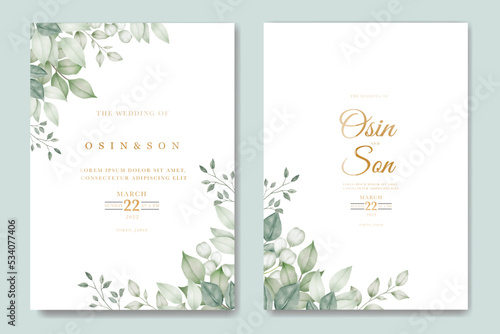 Watercolor wedding invitation card in green leaves 
