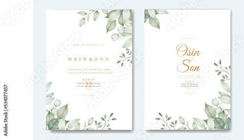 Watercolor wedding invitation card in green leaves 