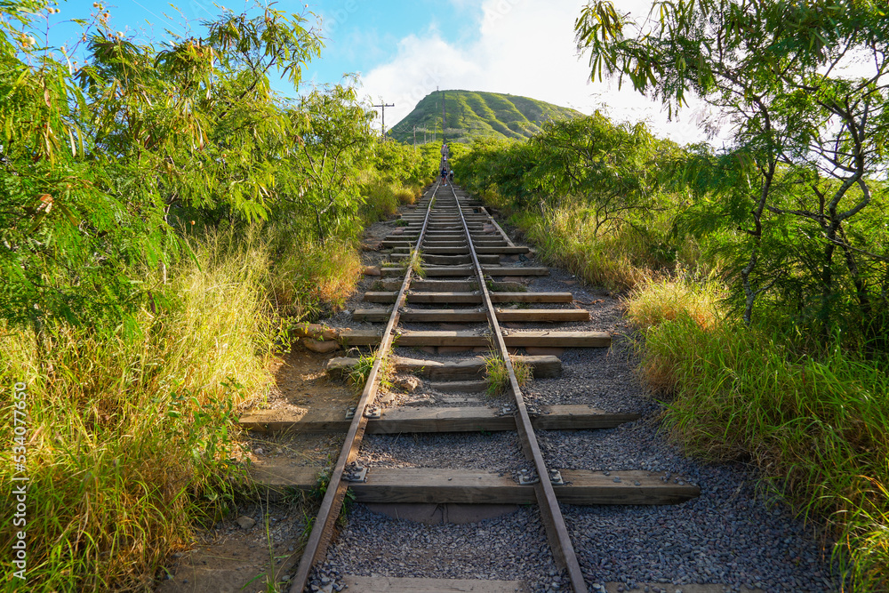 Obraz premium Rail track climbing uphill on the steep slopes of a volcano on Koko Crater Railway Trail in the suburbs of Honolulu on O'ahu island, Hawaii