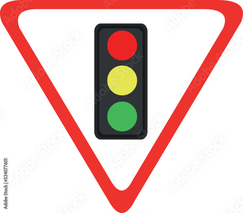 Vector illustration of a triangular traffic signal sign with a traffic light