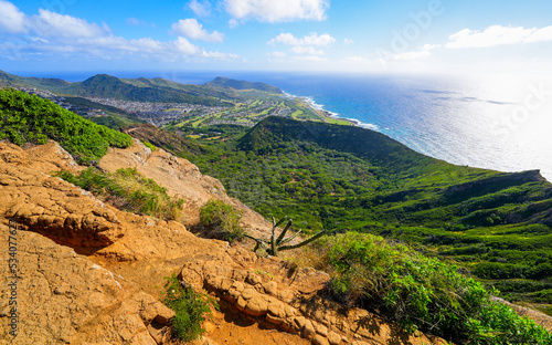 Aerial view of the Koko crater and of the Pacific Ocean on O'ahu island in Hawaii from the top of the volcano