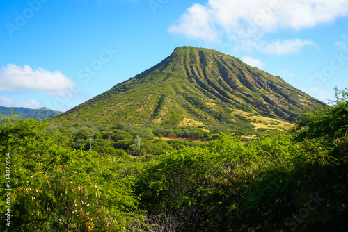 Green slopes of the Koko Crater in the suburbs of Honolulu on O'ahu island in Hawaii - Steep ridges offering great hikes over the Pacific Ocean