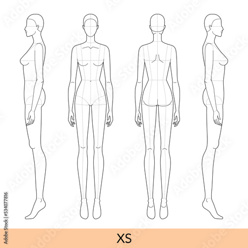 Set of XS size Women Fashion template 9 nine head Croquis Lady model skinny body with main lines figure front, side, back view. Vector outline isolated girl for Fashion Design, technical drawing
