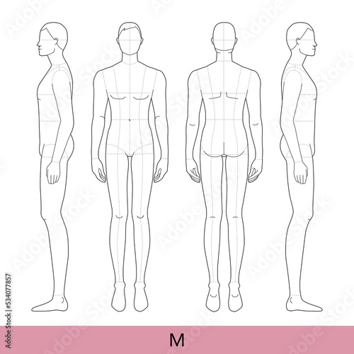 Set of M Size Men Fashion template 9 nine head medium Croquis with main lines model skinny body figure front, side, back view. Vector isolated sketch outline boy for Fashion Design, technical drawing