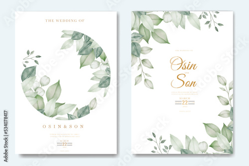 Watercolor wedding invitation card in green leaves 