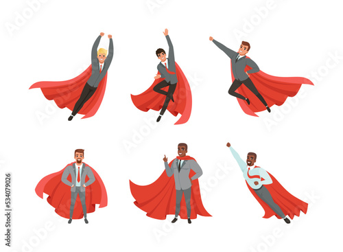 Cheerful businessmen superheroes in suits and red cloaks set cartoon vector illustration