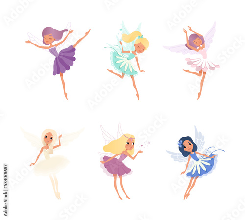 Cute beautiful little winged fairies set. Lovely girls with wings in colorful dresses cartoon vector illustration