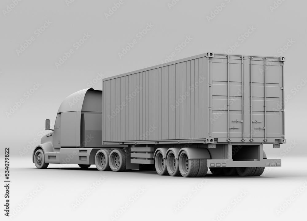 Clay rendering of heavy truck with reefer container. Cold chain concept. 3D rendering image. Clay rendering of heavy truck with reefer container. Cold chain concept. 3D rendering image.
