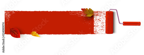 Paint stroke background with paint roller and autumn leaves