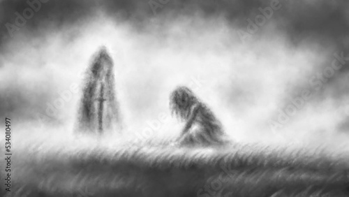 Fotografija Young witch crying at forgotten grave