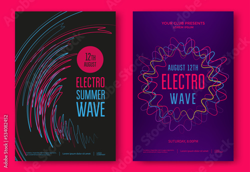 Electro summer wave music poster. Club music flyer. Abstract colored waves music background. photo