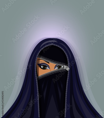 Burka is like a prison. Muslim woman in burqa, opens zipper , background vector illustration