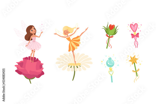 Cute beautiful little winged fairies on flowers and magic wands collection set cartoon vector illustration